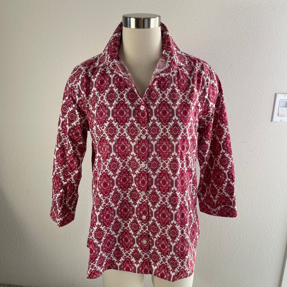 Lands End Womens 10 No Iron Supima Cotton Paisley Button Up Shirt Blouse